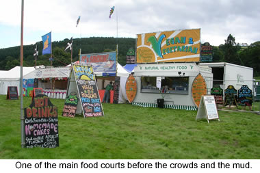 Main food court area before the crowds and the mud at the 2007 Green Man Festival, in Brecon, Wales.