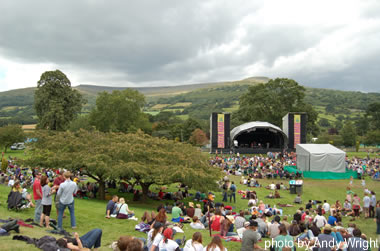 Main meadow crowd before the rain at the 2007 Green Man Festival, in Brecon, Wales.